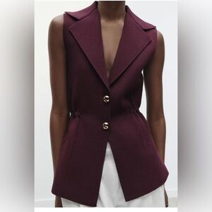 Zara Sleeveless Tailored Blazer Vest Burgundy XL Gold Button NWT